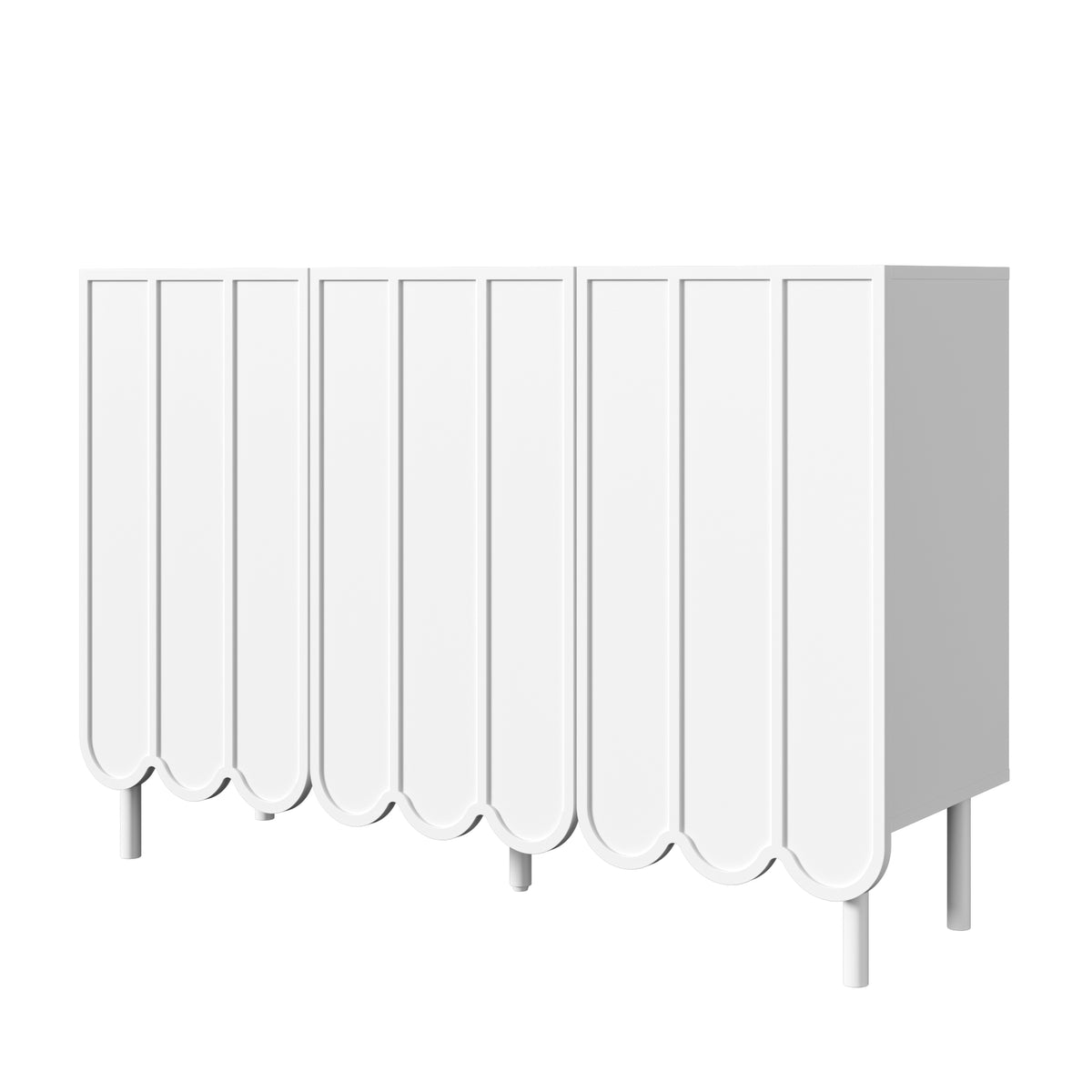 Sideboard moderne blanc 120x35x80 cm avec portes ondulées, grifflos et rayons réglables, idéal pour salon flur et salle à manger