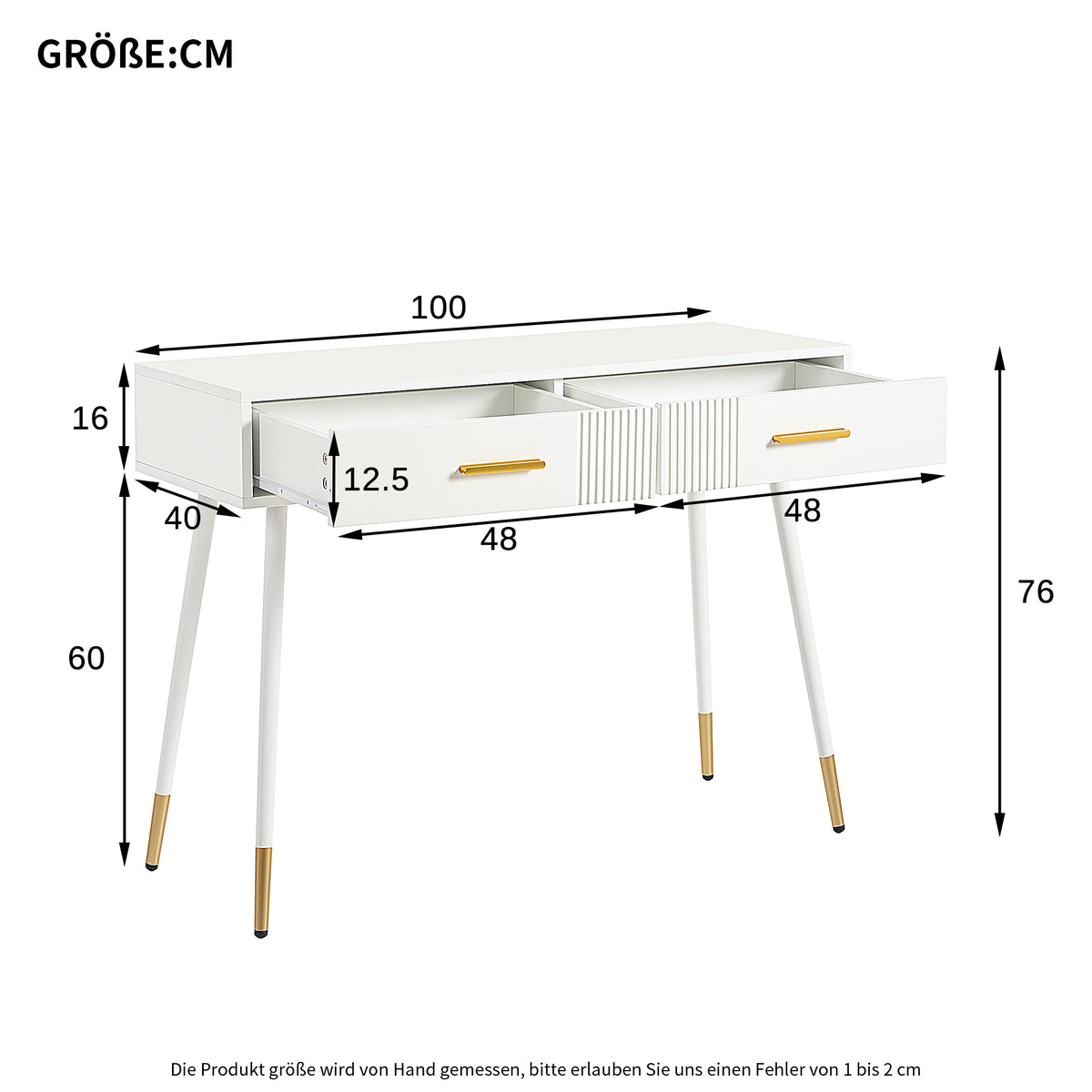 Weißer Schminktisch oder Schreibtisch in modernem Design mit 2 geräumigen Schubladen und goldenen Metallbeinen, 100x40x76 cm.