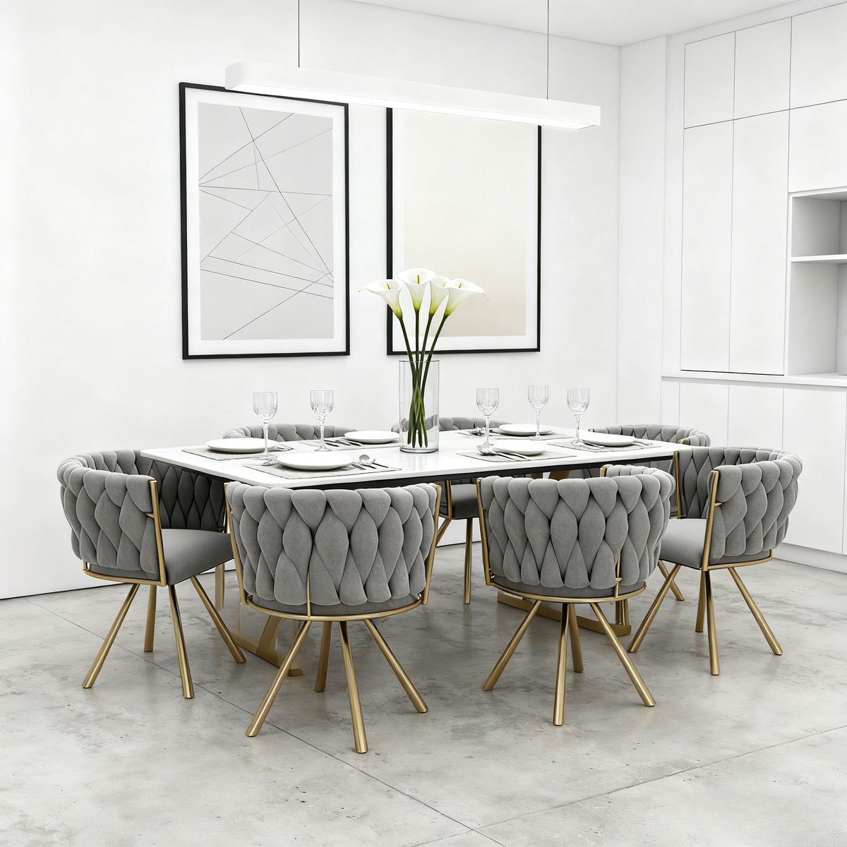 Lot de 6 chaises pivotantes de salle à manger en velours gris avec pieds en métal doré