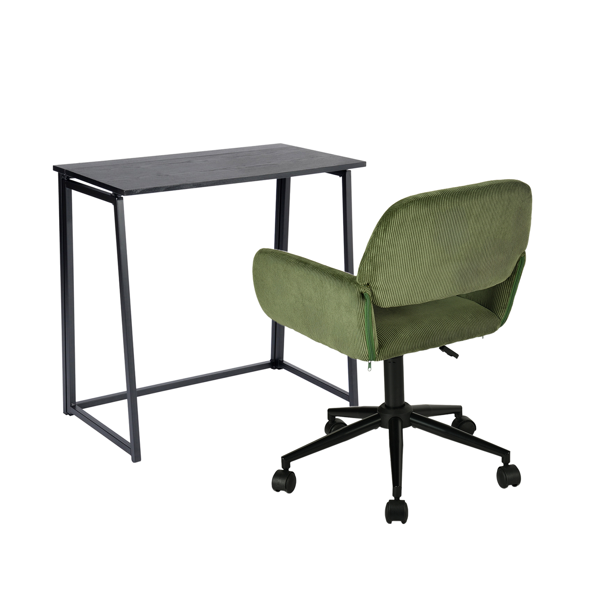 Ensemble bureau pliable en métal noir et fauteuil de bureau en velours côtelé vert olive - ASCOLI & ROSS
