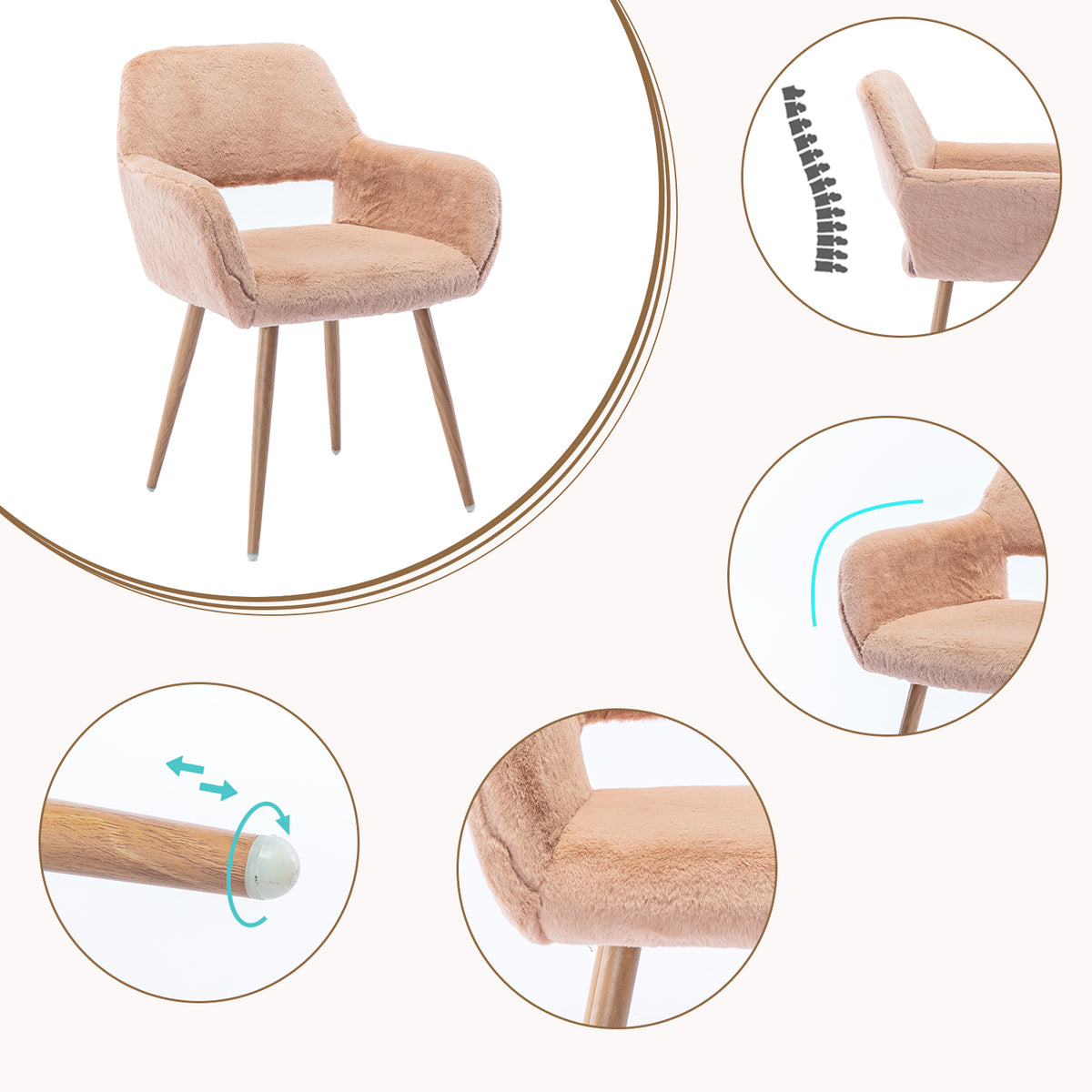 Lot de 2 fauteuils de salle à manger de style scandinave en fausse fourrure camel avec pieds en métal effet bois