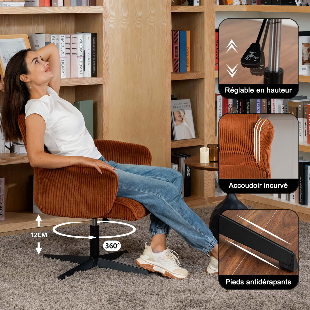Adjustable Ergonomic Office Armchair Pivoting with fabric armrests white loop - Thomasina