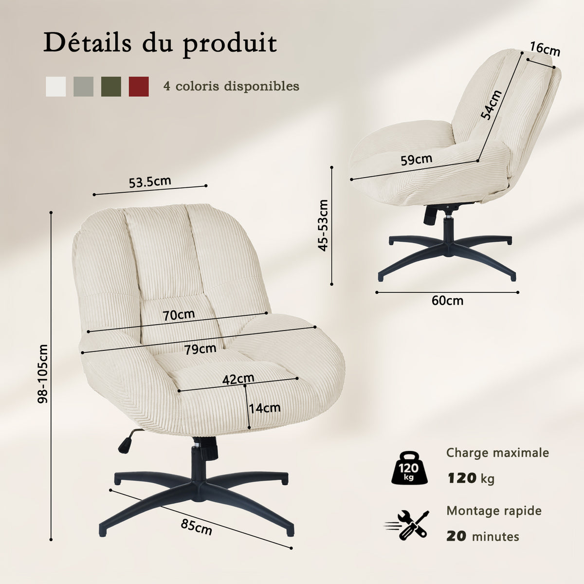 Chaise de bureau pivotante en velours côtelé beige – LITHOPS FIX