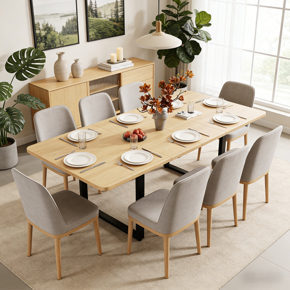 Table à manger extensible aspect chêne à trois rallonges avec pieds métalliques