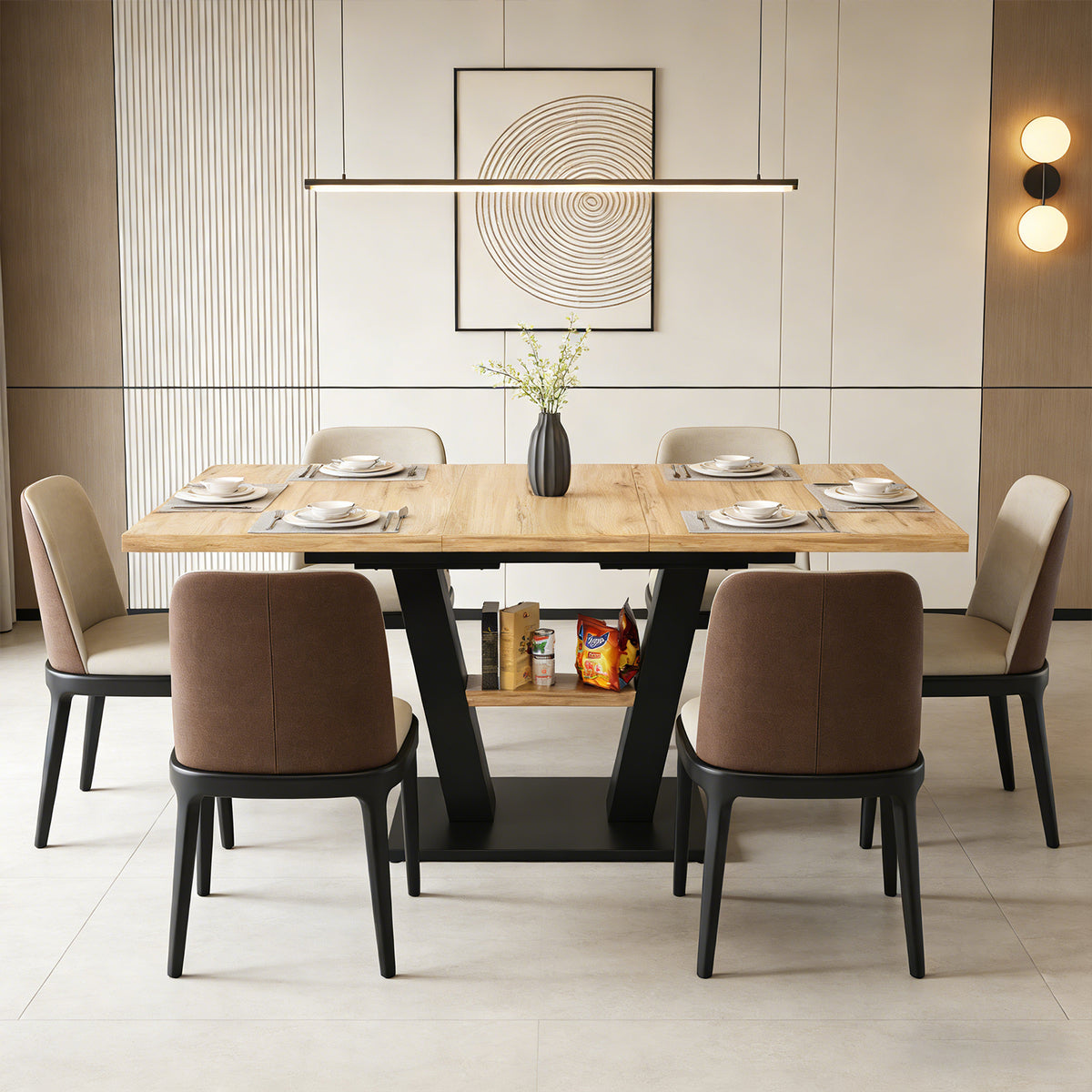 Table à manger télescopique extensible aspect bois avec pieds en croix