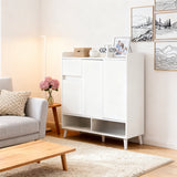 Meuble à chaussures blanc avec étagères réglables, commode minimaliste pour l'entrée, avec pieds en bois massif