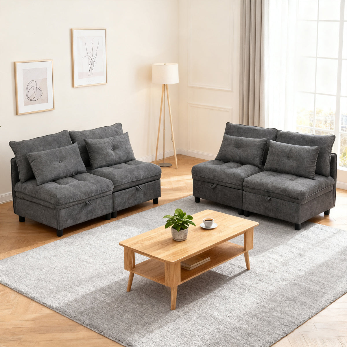 Ensemble de canapés modulables et séparables 4 places avec rangement, revêtu de chenille, gris