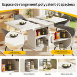 Table à manger télescopique extensible 140×80cm 3 niveaux de rangement portes en verre irisé blanche pour cuisine et salon