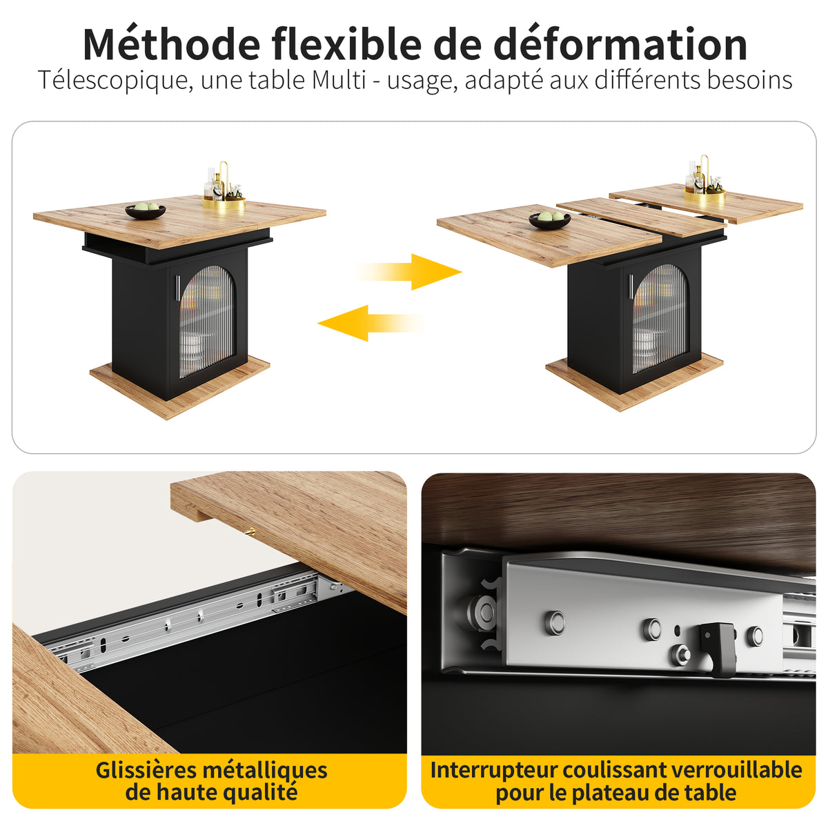 Table à manger télescopique extensible 140×80cm 3 niveaux de rangement bois naturel + noir pour cuisine et salon