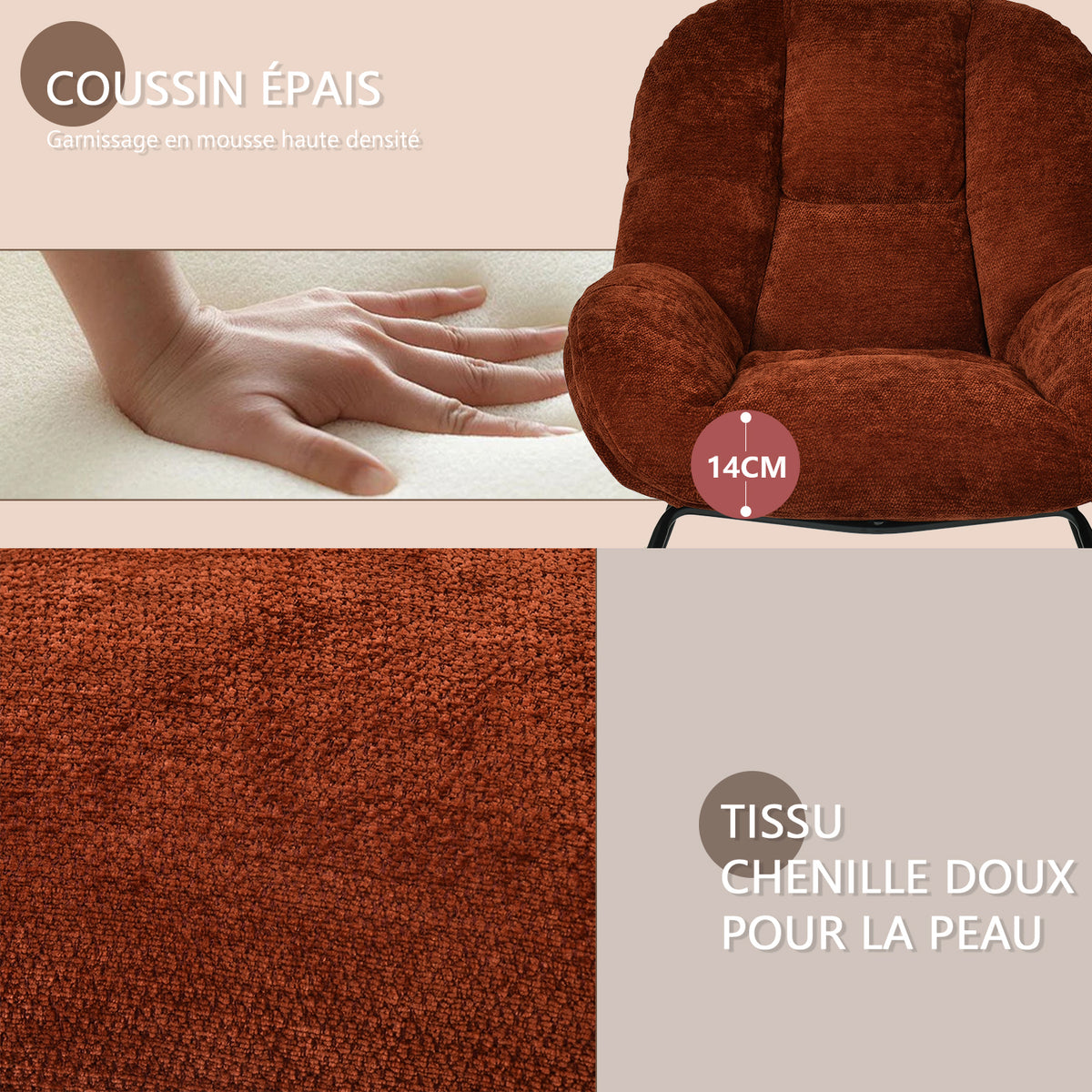 Fauteuil à bascule scandinave en tissu chenille avec accoudoirs pour salon ou chambre à coucher, rouge - LITHOPS