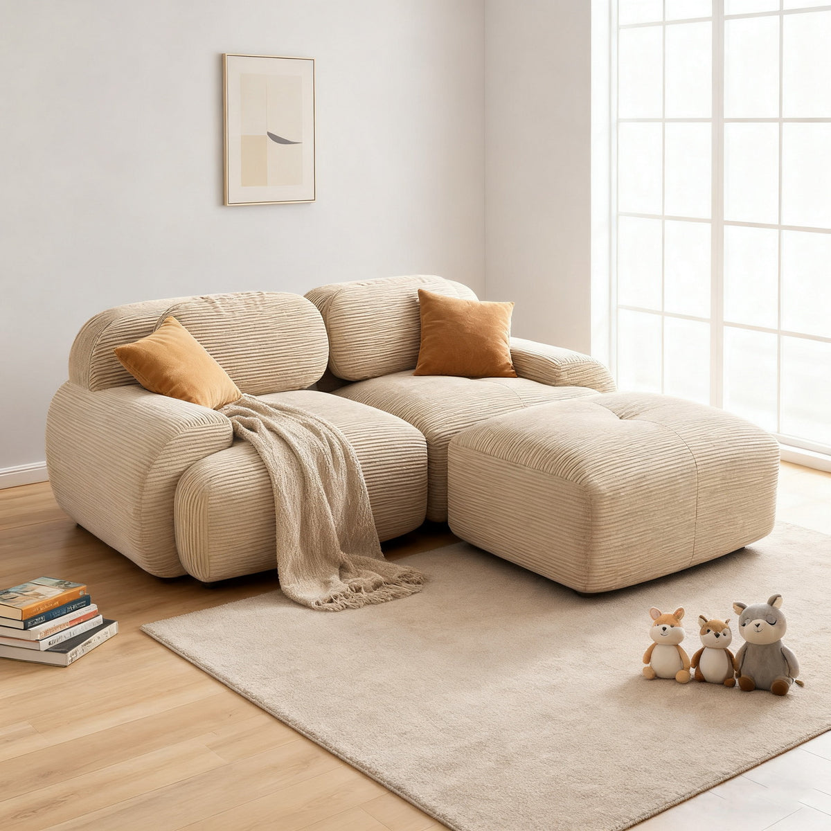 Ensemble de canapés avec accoudoirs incurvés et base antidérapante en tissu velours côtelé doux pour le salon, beige,siège2+tabouret1