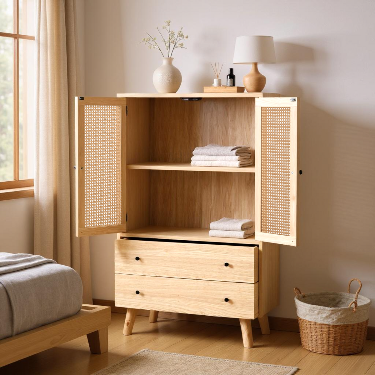 Buffet haut en bois style moderne avec portes en rotin et tiroirs â€?60 x 40 x 120 cm