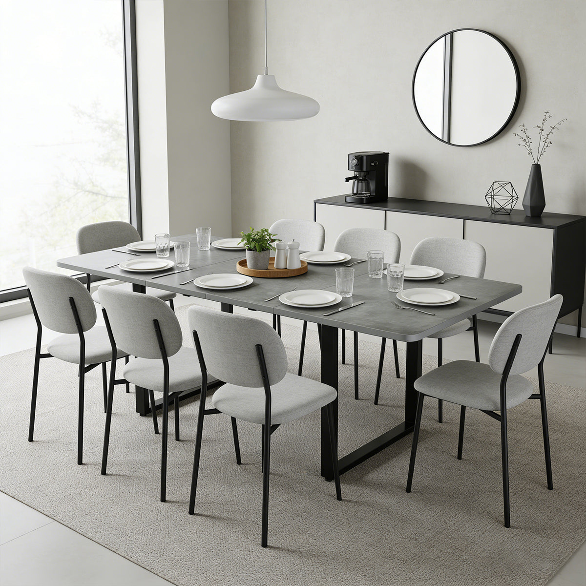 Table à manger gris extensible à trois rallonges avec pieds métalliques