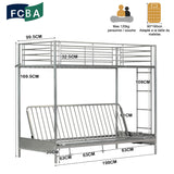90 x 190 cm großes Etagenbett-Set mit umwandelbarer Bank aus silbernem Metall und faltbarer 2-Sitzer-Futonmatratze – LIBERTY N MICA