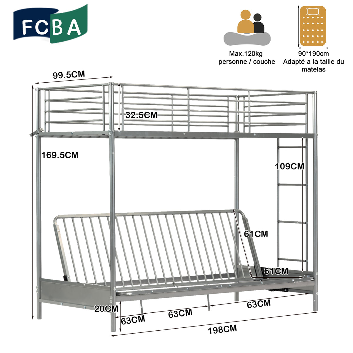 90 x 190 cm großes Etagenbett-Set mit umwandelbarer Bank aus silbernem Metall und faltbarer 2-Sitzer-Futonmatratze – LIBERTY N MICA