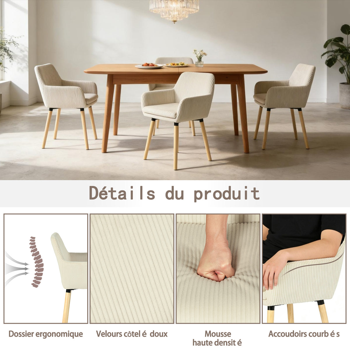 Lot de 2 chaises de salle à manger de style scandinave avec pieds en bois et accoudoirs en velours côtelé beige - ELIA