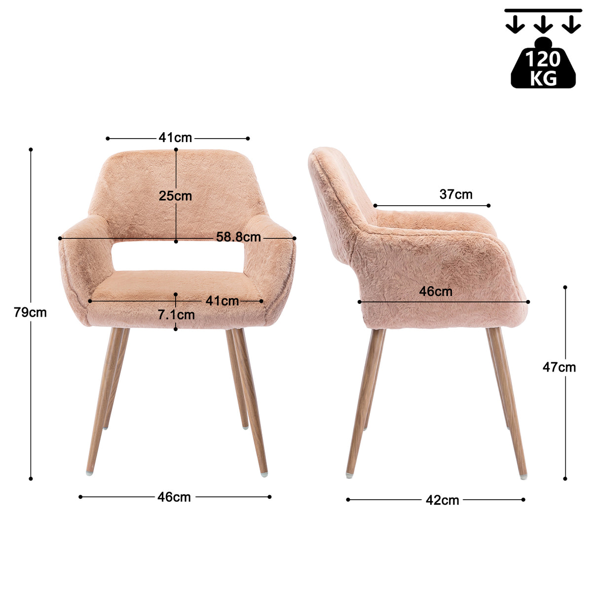 Lot de 2 fauteuils de salle à manger de style scandinave en fausse fourrure camel avec pieds en métal effet bois