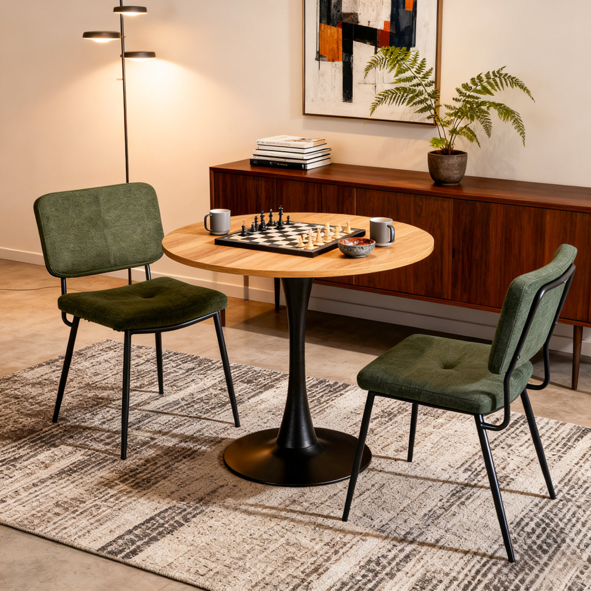 Round Table Table Table Table Timber Ø80 cm with 4 black velvet chairs, modern and comfortable style