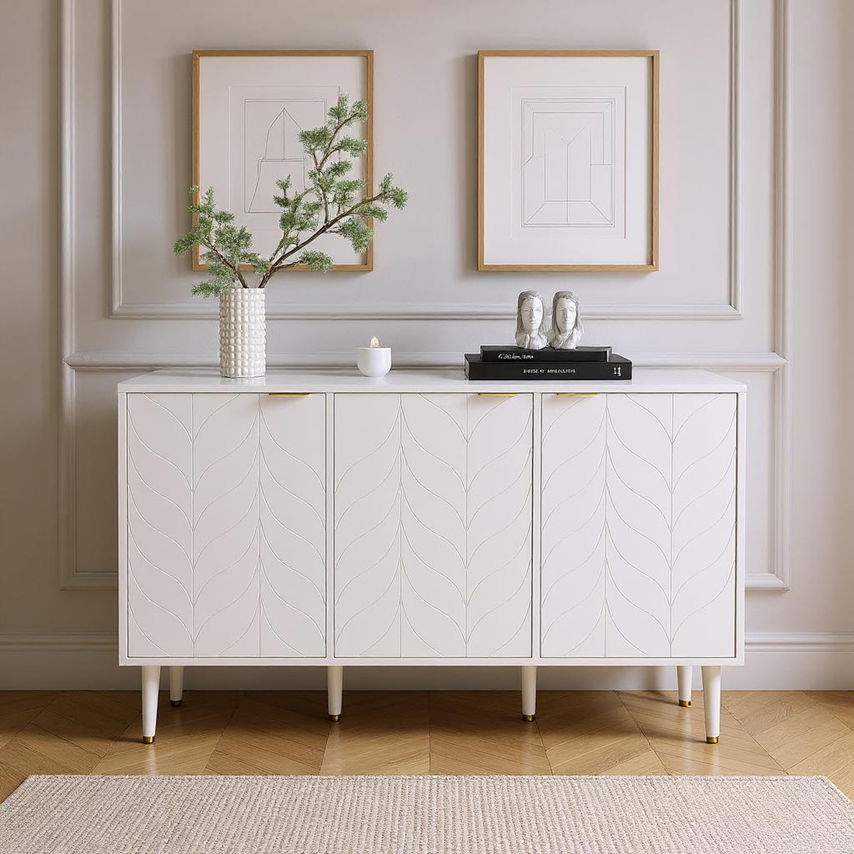 Sideboard moderne à motifs de fleurs 127×45×75cm Commode blanche avec pieds et poignées dorées 2 étagères 6 compartiments pour salon chambre à coucher et salle de bains