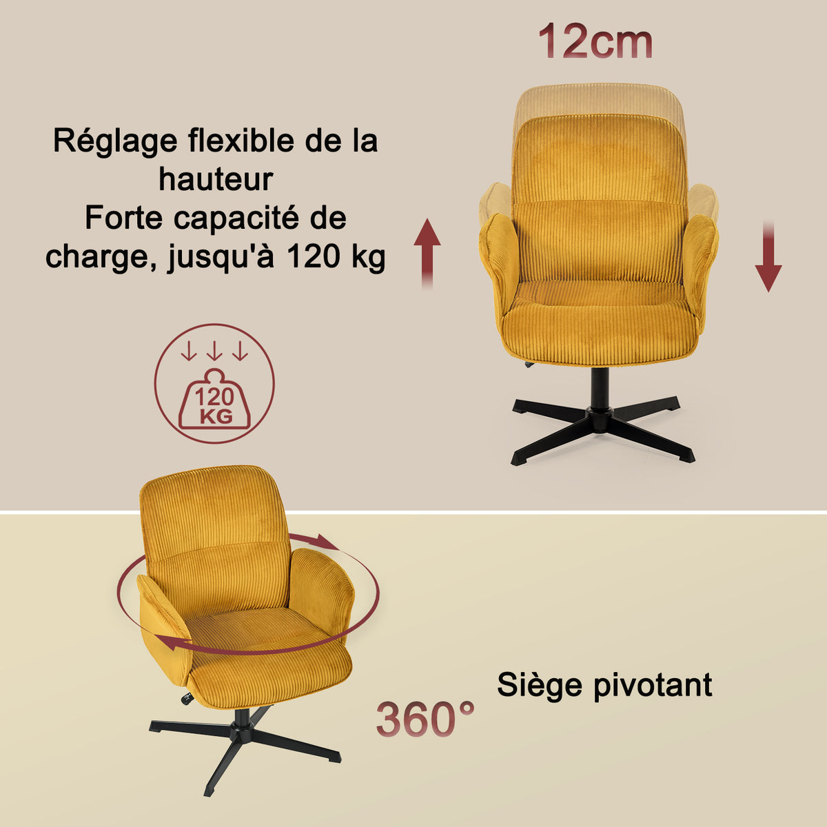 Fauteuil de bureau ergonomique pivotant et réglable avec accoudoirs en velours côtelé jaune - THOMASINA