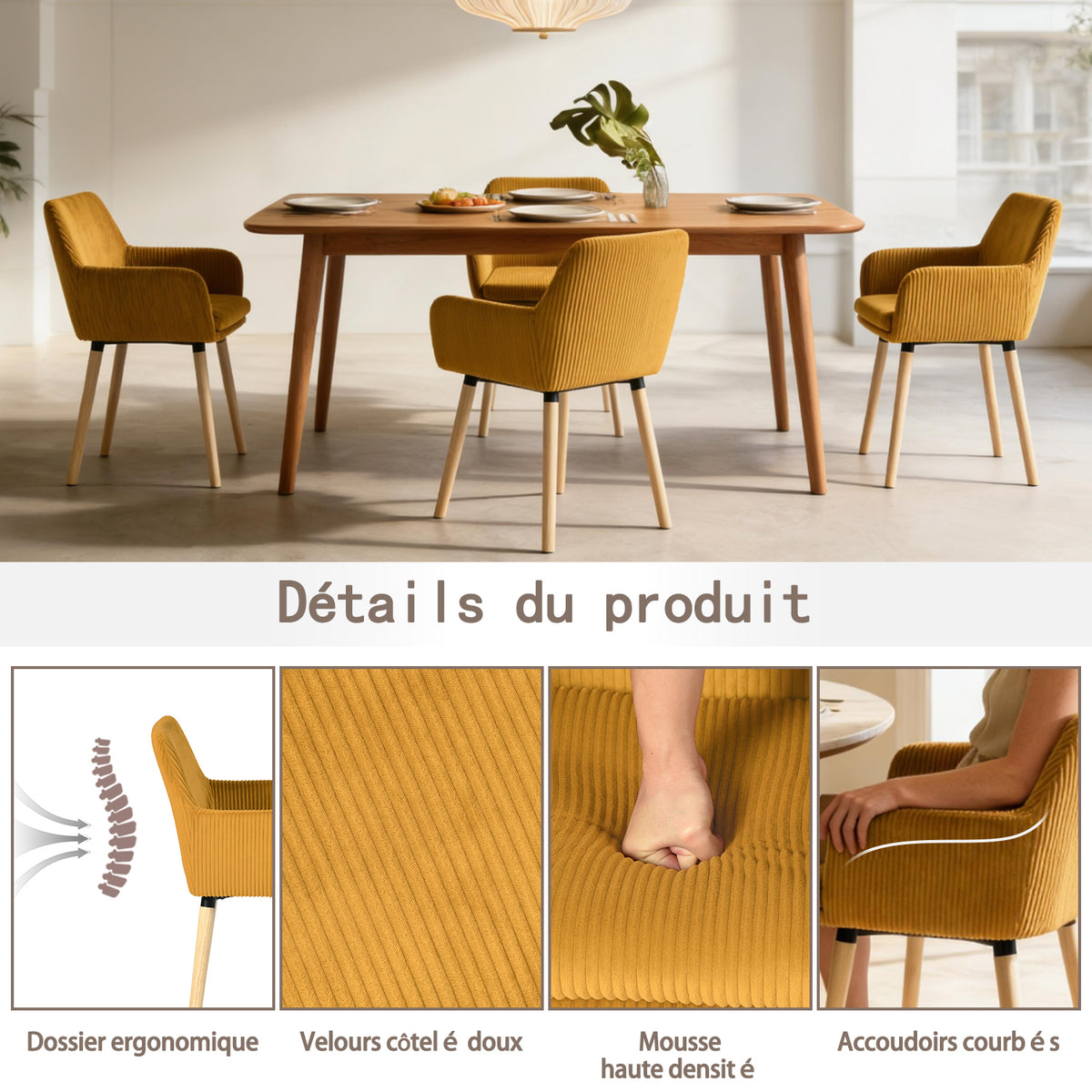 Lot de 2 chaises de salle à manger de style scandinave avec pieds en bois et accoudoirs en velours côtelé jaune - ELIA