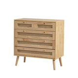 Commode classique à 3 tiroirs, avec dessus de tiroir en rotin, couvercle inférieur rabattable, poignée en métal doré et pieds en bois, offrant un espace de rangement pour le salon et la chambre