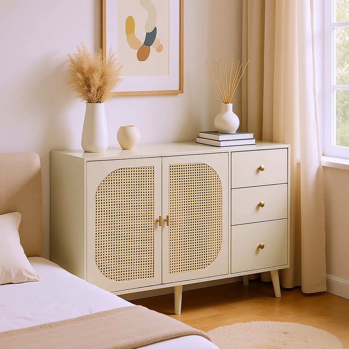 Buffet de salon et salle à manger en blanc cassé avec portes en rotin et 3 tiroirs, meuble de rangement moderne 120 cm de large