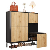 Meuble à chaussures avec banc intégré 100x25x100 cm en MDF noir et bois naturel, 3 abattants, étagères et assise escamotable, idéal pour entrée, couloir ou chambre