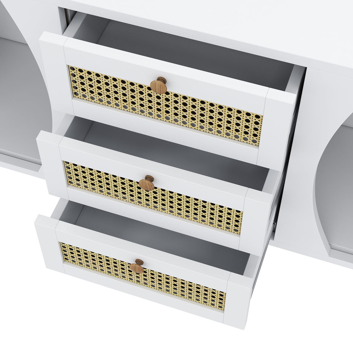 Buffet blanc moderne avec 3 tiroirs en rotin et portes coulissantes