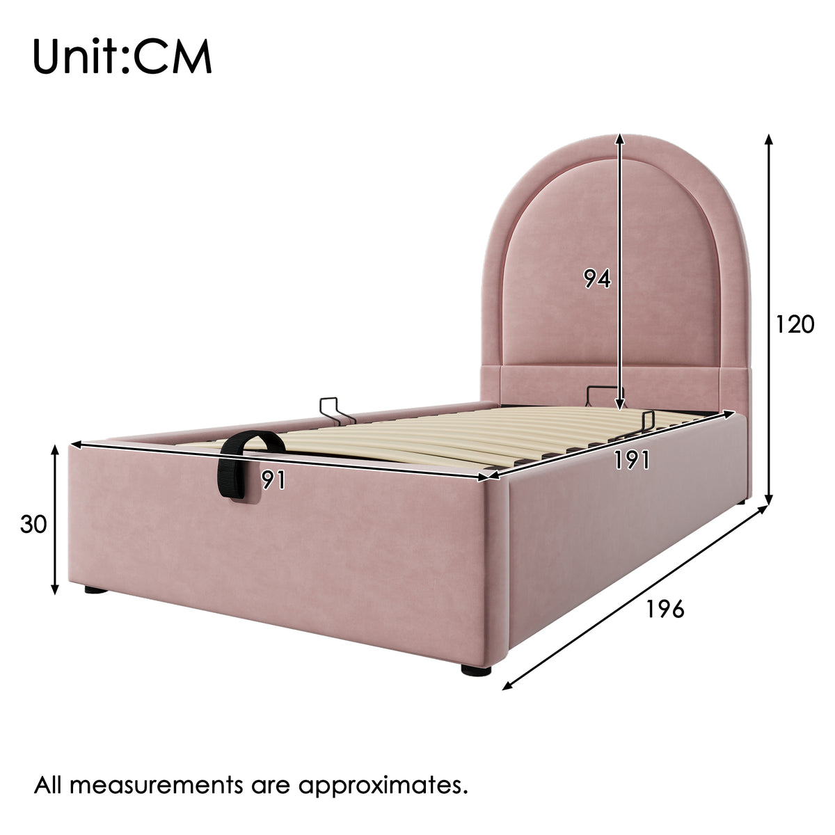 Lit enfant rembourré 90×190 cm (sans matelas) en velours rose avec tête de lit arquée