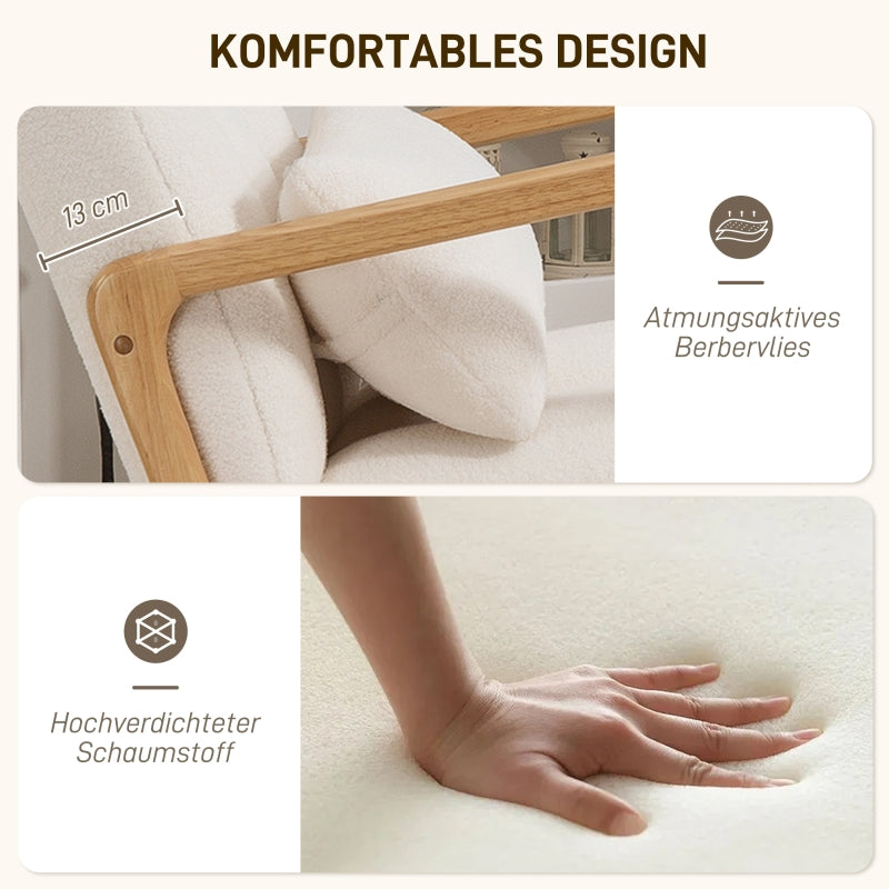 Fauteuil à bascule avec repose-pieds, revêtement polaire blanc, dossier haut et structure bois naturel