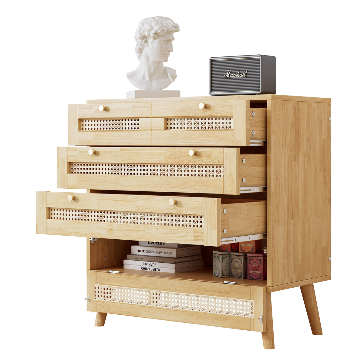 Commode classique à 3 tiroirs, avec dessus de tiroir en rotin, couvercle inférieur rabattable, poignée en métal doré et pieds en bois, offrant un espace de rangement pour le salon et la chambre