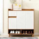 Commode / buffet / meuble à chaussures blanc et bois 90x35x99 cm avec étagères réglables et pieds en bois massif