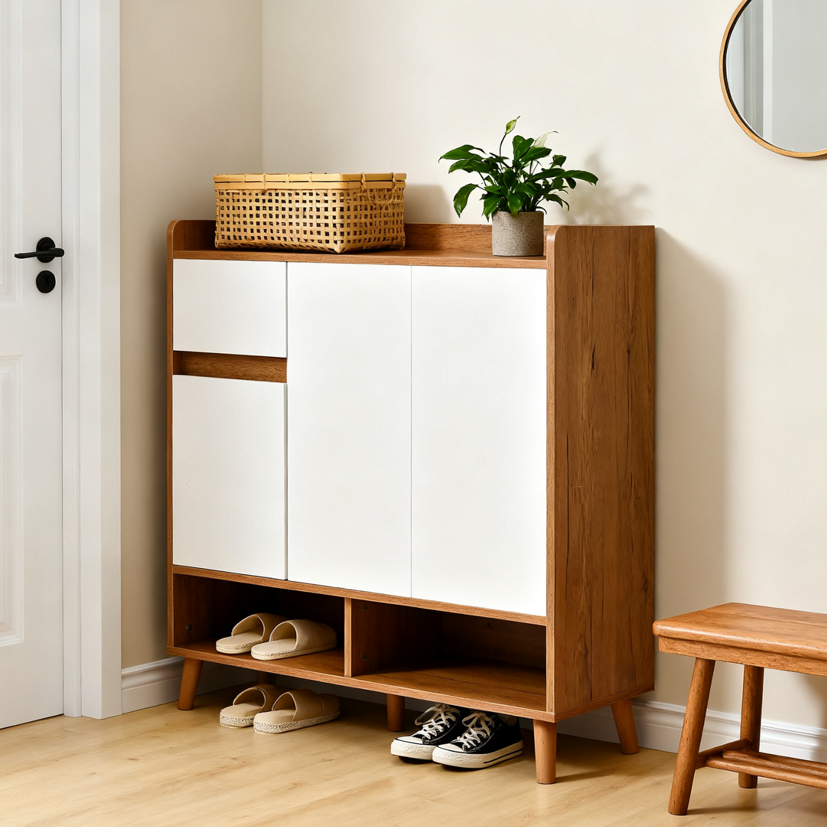 Commode / buffet / meuble à chaussures blanc et bois 90x35x99 cm avec étagères réglables et pieds en bois massif