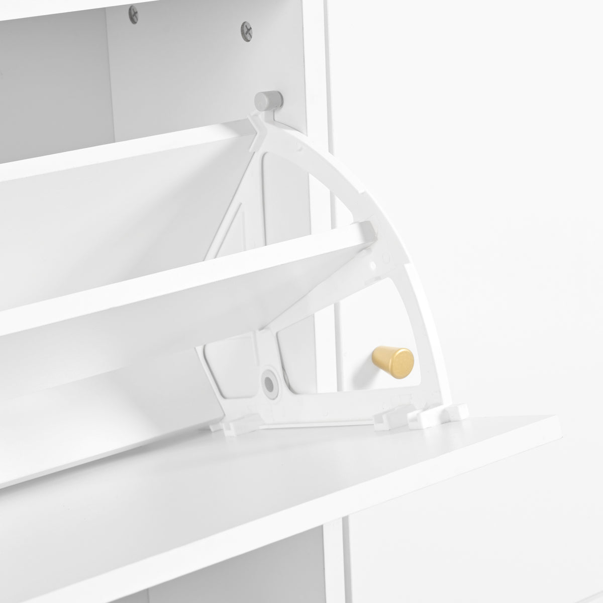 Meuble à chaussures blanc 119x24x122 cm avec 3 tiroirs basculants, tiroir de rangement, étagères réglables et banc rabattable