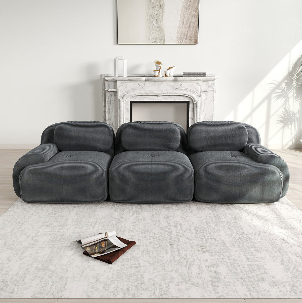 Ensemble de canapés avec accoudoirs incurvés et base antidérapante en tissu velours côtelé doux pour le salon, gris, siège 3