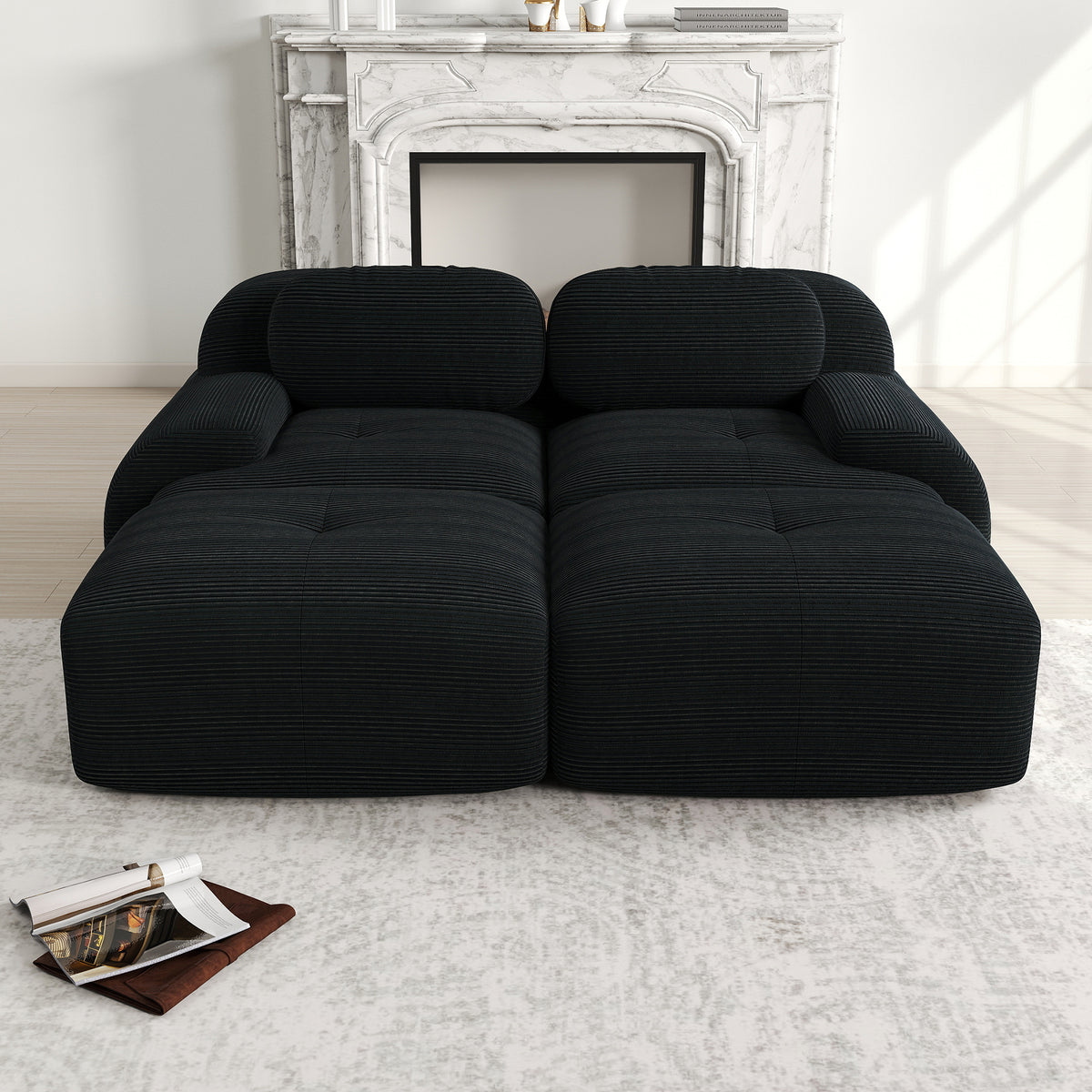 2-seater sofa bed in dark gray fabric with side pockets, modern convertible sofa