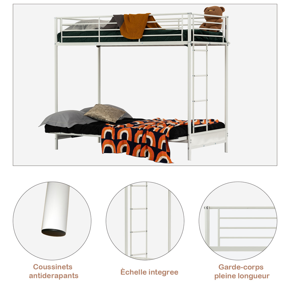 Etagenbett 90x190 cm mit Cabrio -Bank -Sofa und Weißmetallbasis in Weißmetall (Matratze nicht enthalten) - Liberty