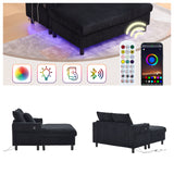 Canapé lounge en velours côtelé souple avec ports USB et éclairage d'ambiance LED, noir