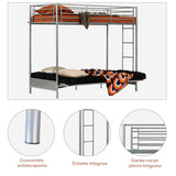 90 x 190 cm großes Etagenbett-Set mit umwandelbarer Bank aus silbernem Metall und faltbarer 2-Sitzer-Futonmatratze – LIBERTY N MICA