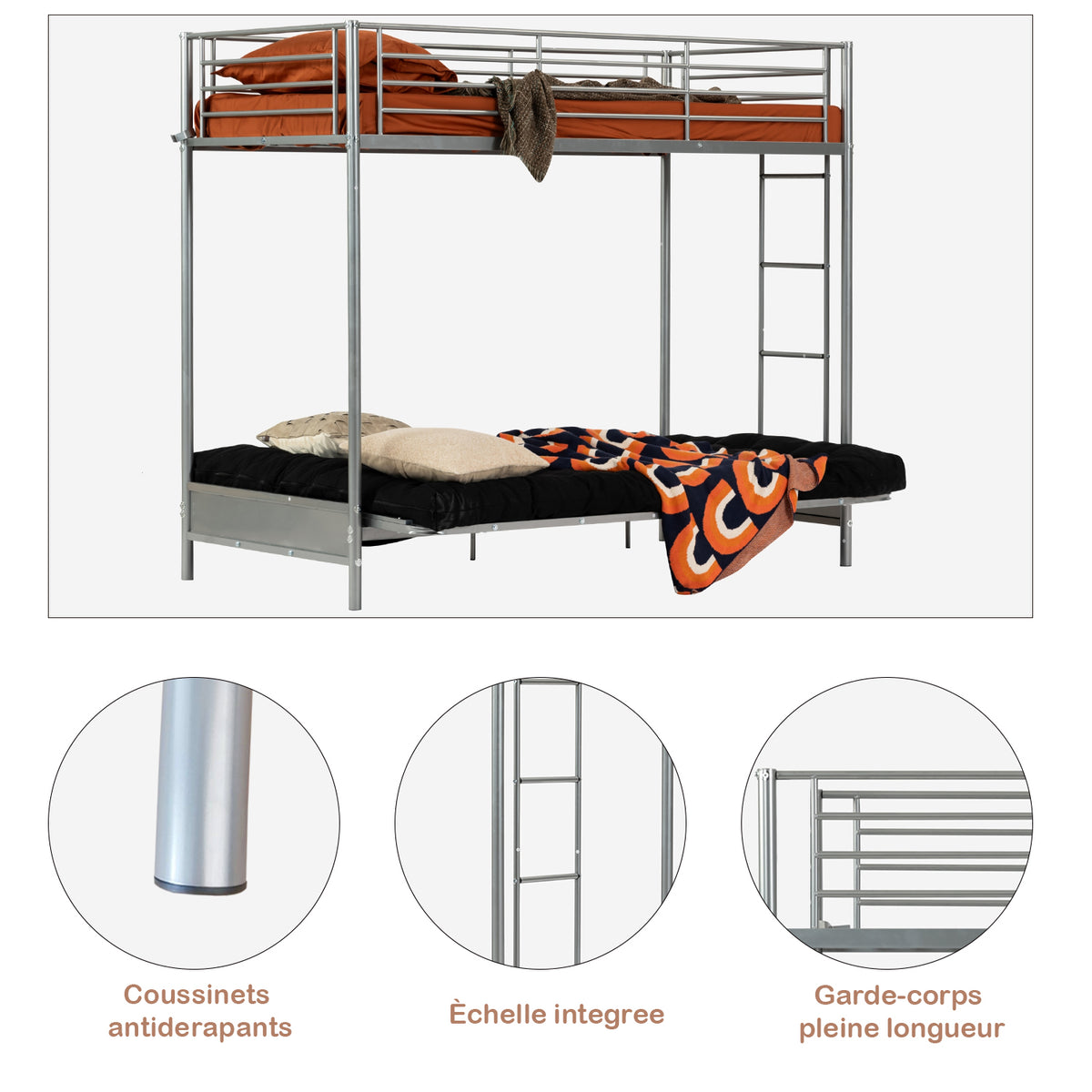 90 x 190 cm großes Etagenbett-Set mit umwandelbarer Bank aus silbernem Metall und faltbarer 2-Sitzer-Futonmatratze – LIBERTY N MICA