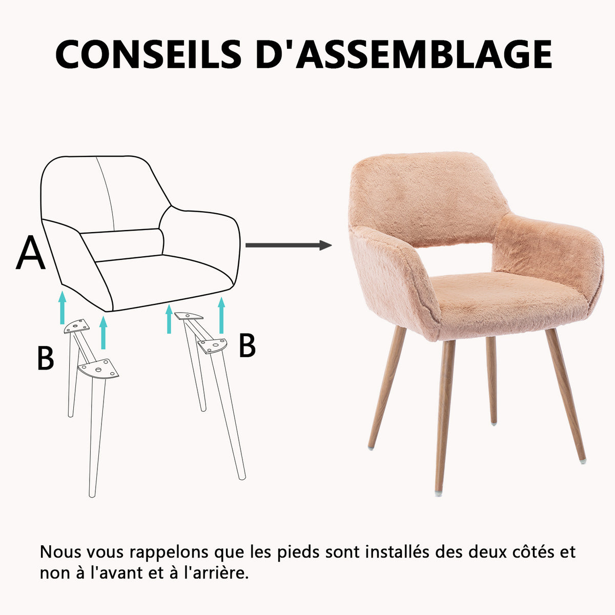 Lot de 2 fauteuils de salle à manger de style scandinave en fausse fourrure camel avec pieds en métal effet bois