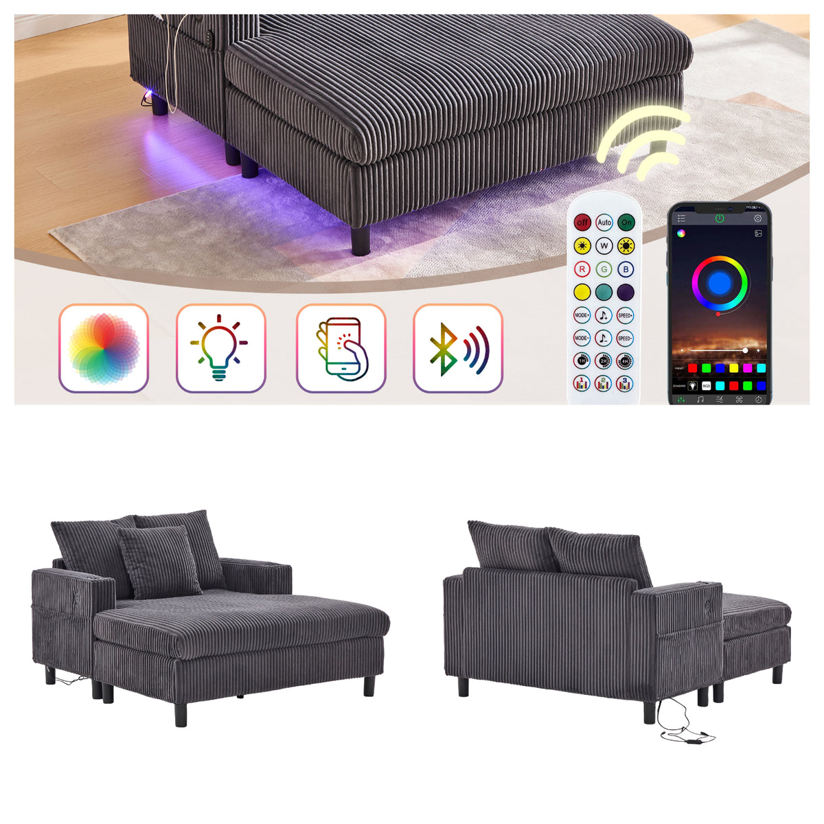 Canapé lounge en velours côtelé souple avec ports USB et éclairage d'ambiance LED, gris