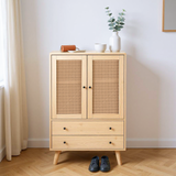 Buffet haut en bois style moderne avec portes en rotin et tiroirs â€?60 x 40 x 120 cm