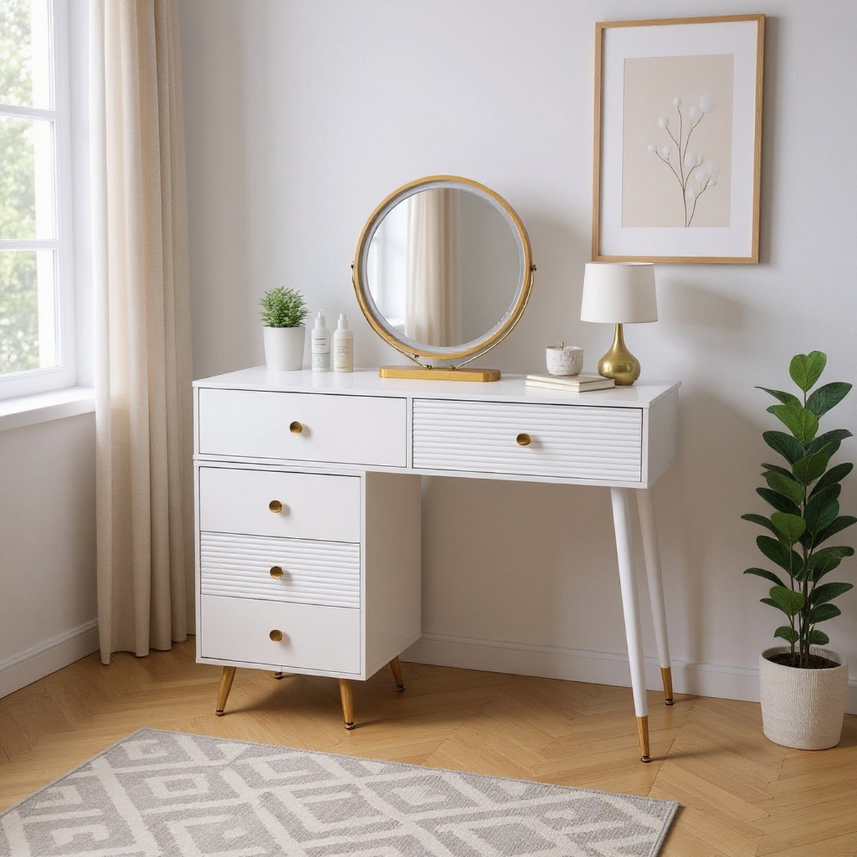 White 4-in-1 dressing table with whole mirror and rotary table mirror, padded stool, integrated storage and 3-color LED lighting, 109x36x164 cm