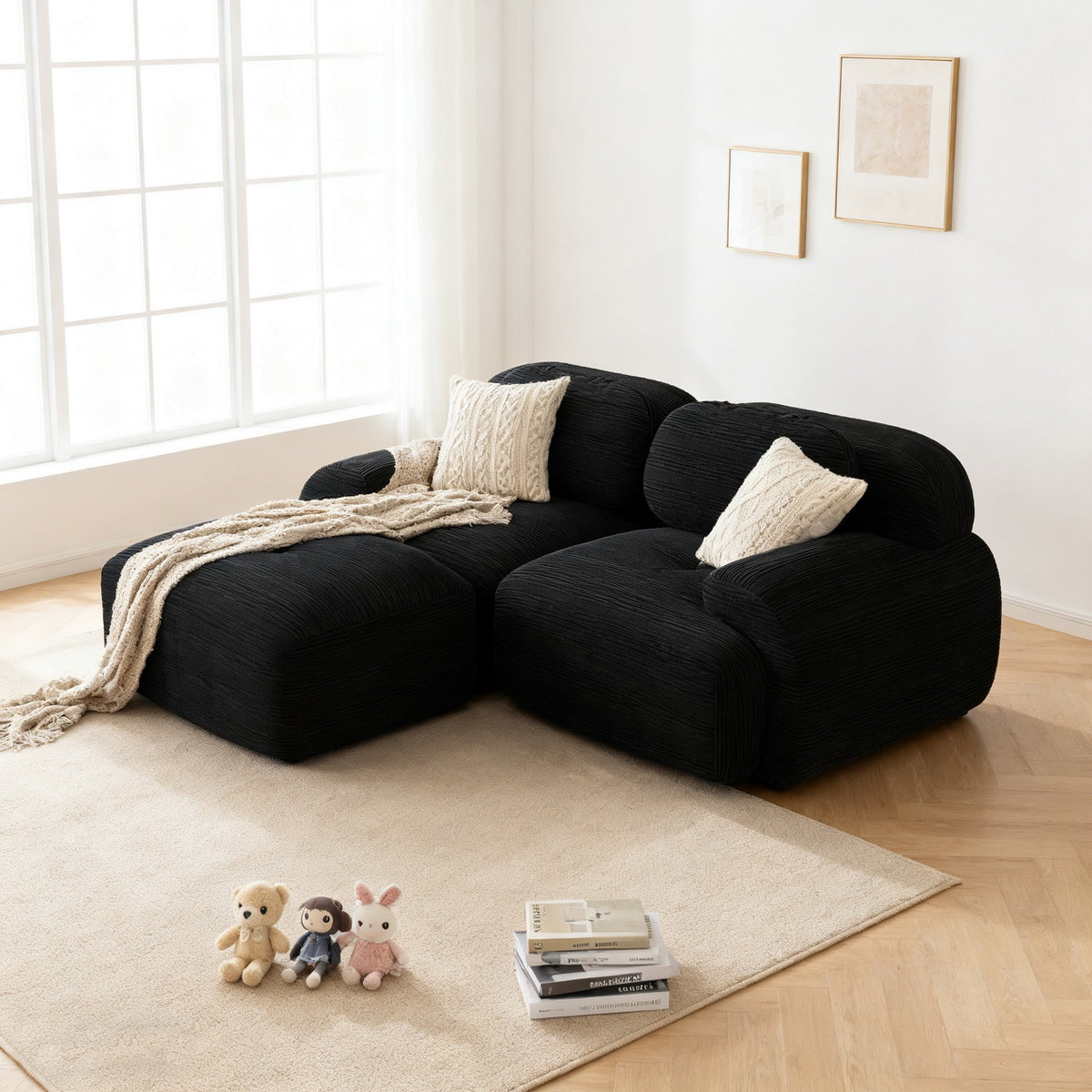 2-seater sofa bed in dark gray fabric with side pockets, modern convertible sofa