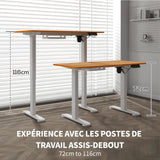 Table de bureau électrique réglable en hauteur 120x60x72-116 cm Stehtisch avec anti-collision, boîte à câbles et crochets, finition bois naturel
