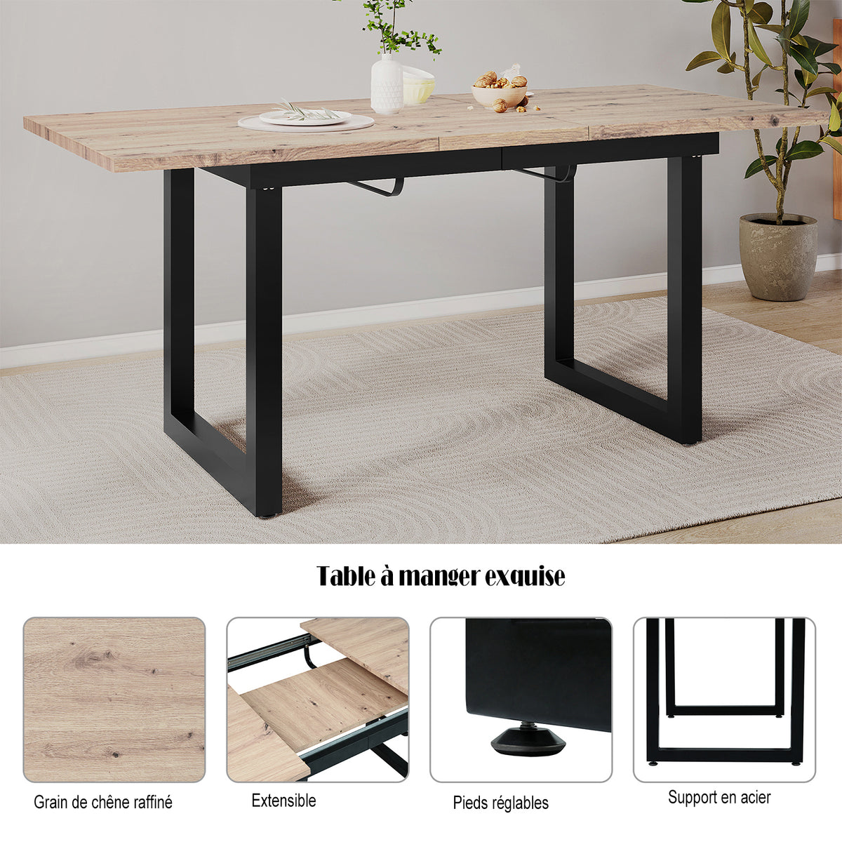 Table de salle à manger extensible rétro en bois avec structure en métal noir, style industriel