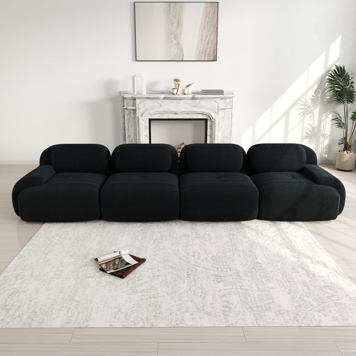 Ensemble de canapés avec accoudoirs incurvés et base antidérapante en tissu velours côtelé doux pour le salon, noir, siège 4