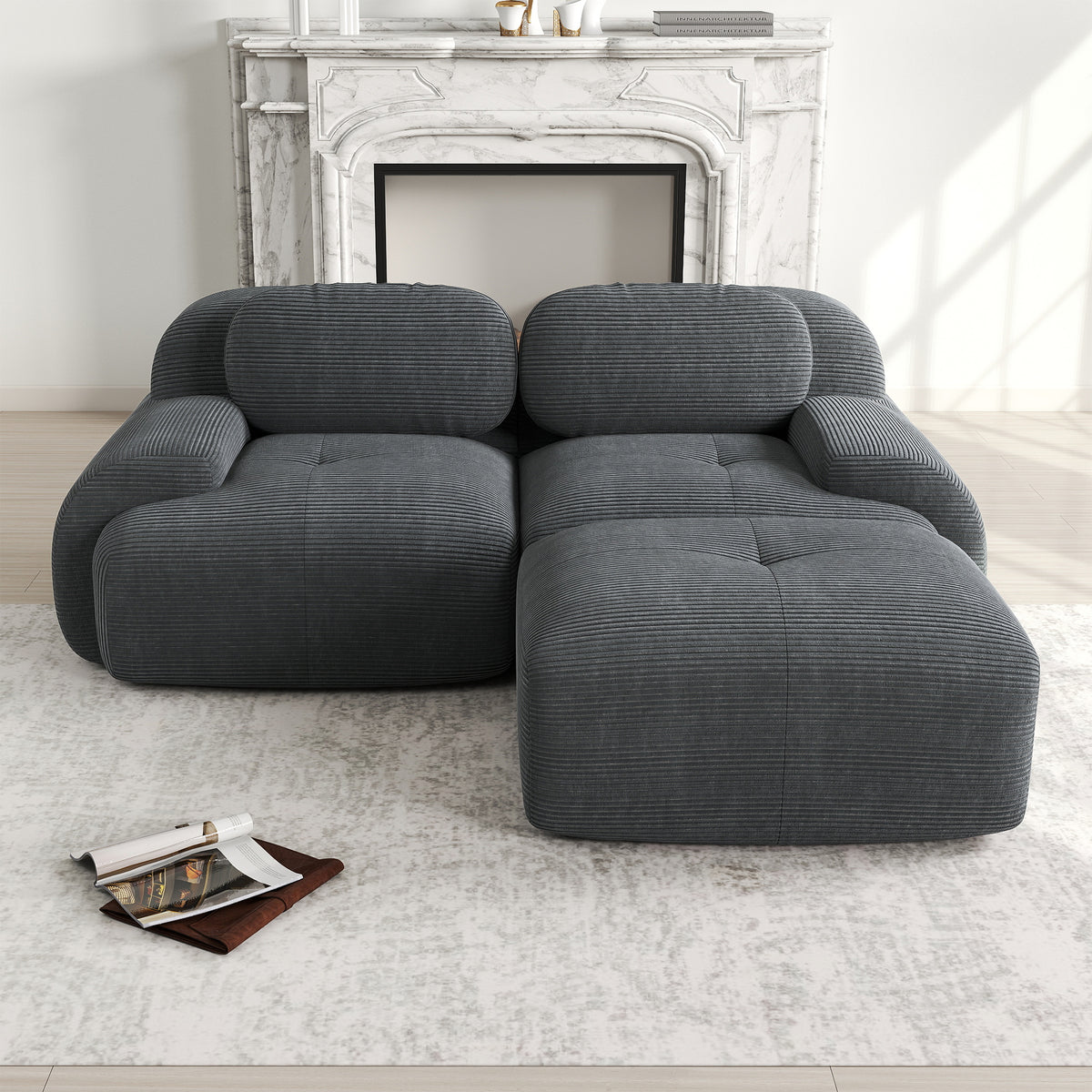 Ensemble de canapés avec accoudoirs incurvés et base antidérapante en tissu velours côtelé doux pour le salon, gris, siège 2 + tabouret 1